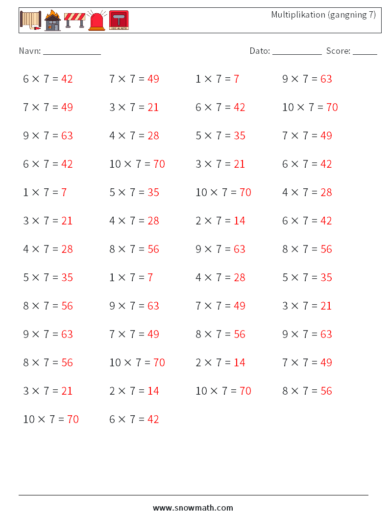 (50) Multiplikation (gangning 7) Matematiske regneark 9 Spørgsmål, svar