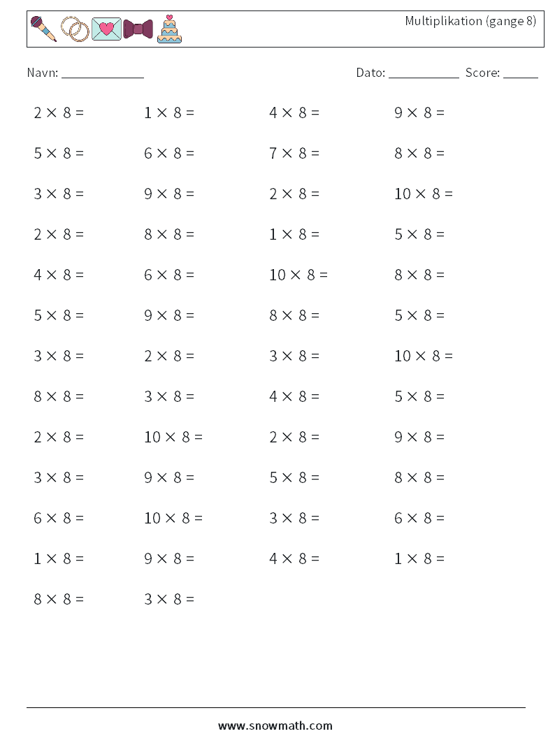 (50) Multiplikation (gange 8) Matematiske regneark 1