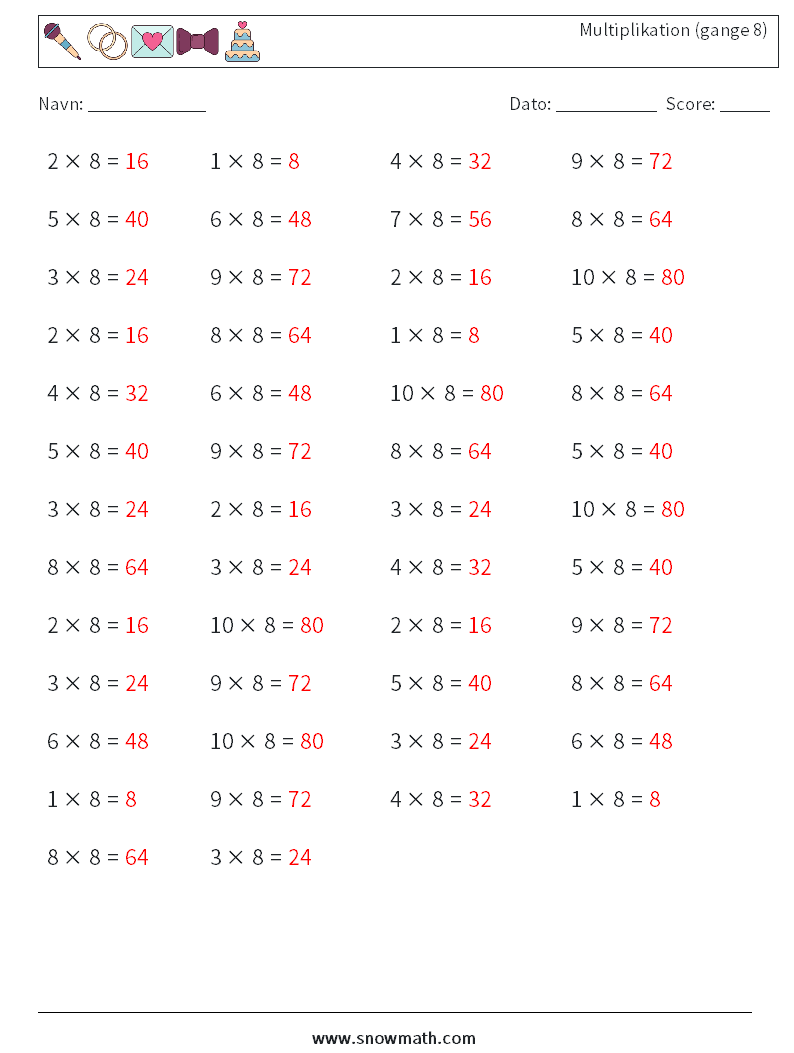 (50) Multiplikation (gange 8) Matematiske regneark 1 Spørgsmål, svar