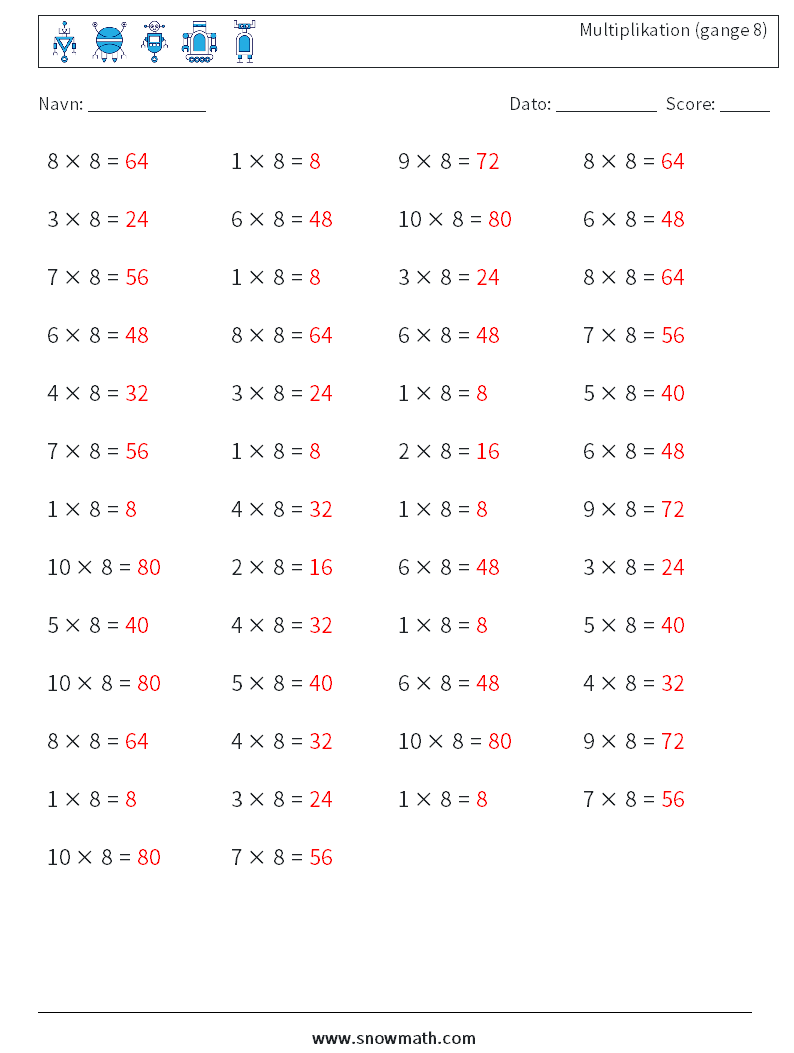 (50) Multiplikation (gange 8) Matematiske regneark 2 Spørgsmål, svar