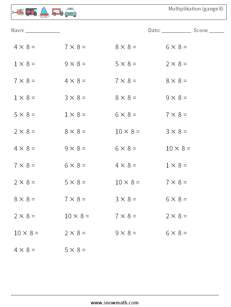 (50) Multiplikation (gange 8) Matematiske regneark 3