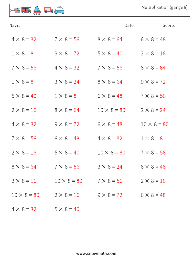 (50) Multiplikation (gange 8) Matematiske regneark 3 Spørgsmål, svar