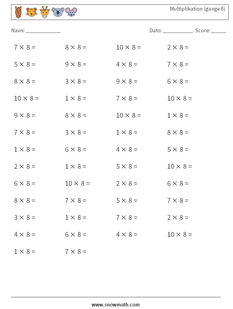(50) Multiplikation (gange 8) Matematiske regneark 4