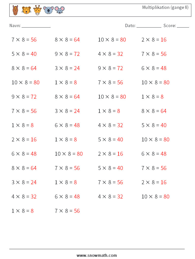 (50) Multiplikation (gange 8) Matematiske regneark 4 Spørgsmål, svar