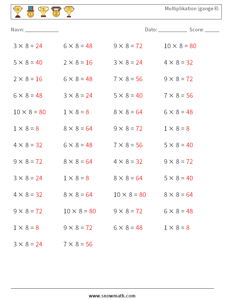(50) Multiplikation (gange 8) Matematiske regneark 5 Spørgsmål, svar
