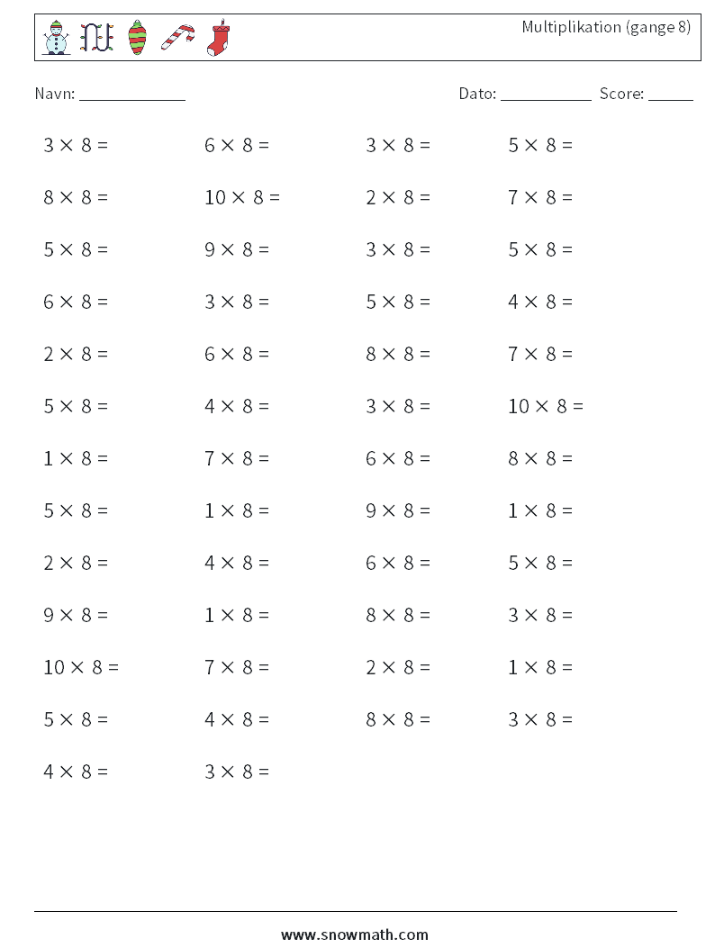 (50) Multiplikation (gange 8) Matematiske regneark 6