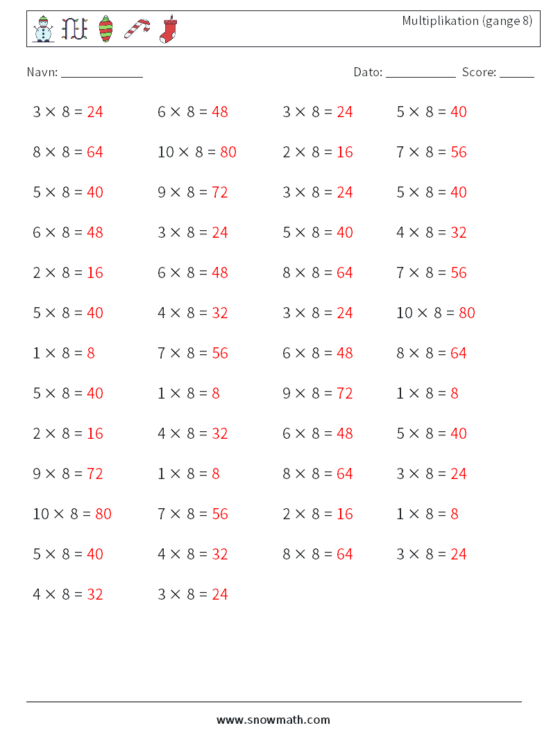 (50) Multiplikation (gange 8) Matematiske regneark 6 Spørgsmål, svar