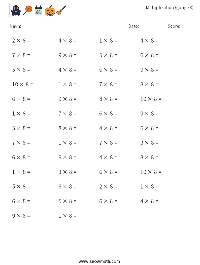 (50) Multiplikation (gange 8) Matematiske regneark 7