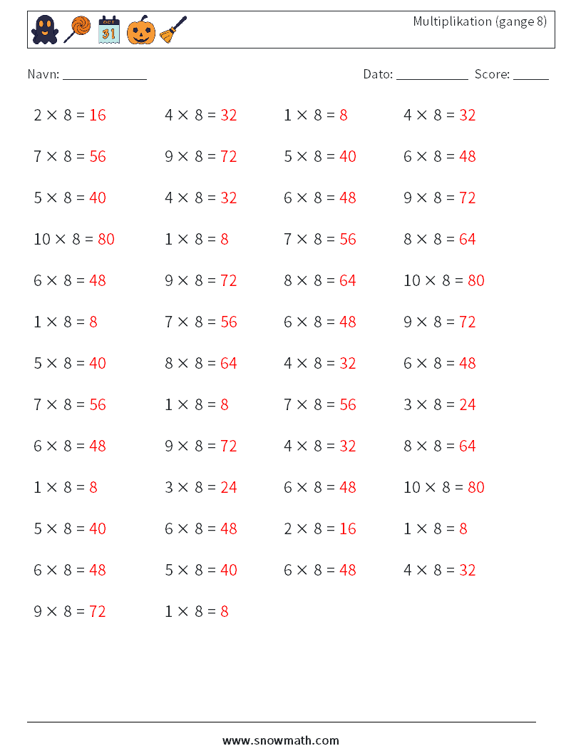 (50) Multiplikation (gange 8) Matematiske regneark 7 Spørgsmål, svar