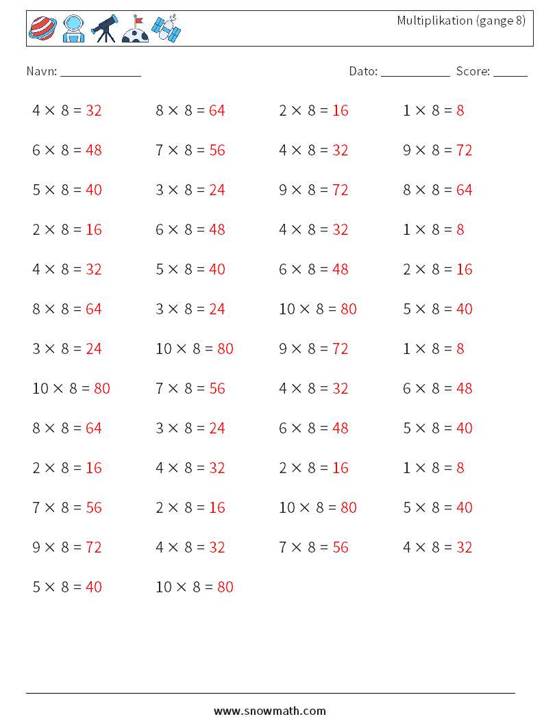 (50) Multiplikation (gange 8) Matematiske regneark 8 Spørgsmål, svar