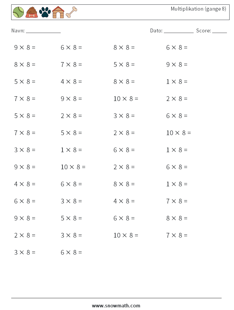 (50) Multiplikation (gange 8) Matematiske regneark 9