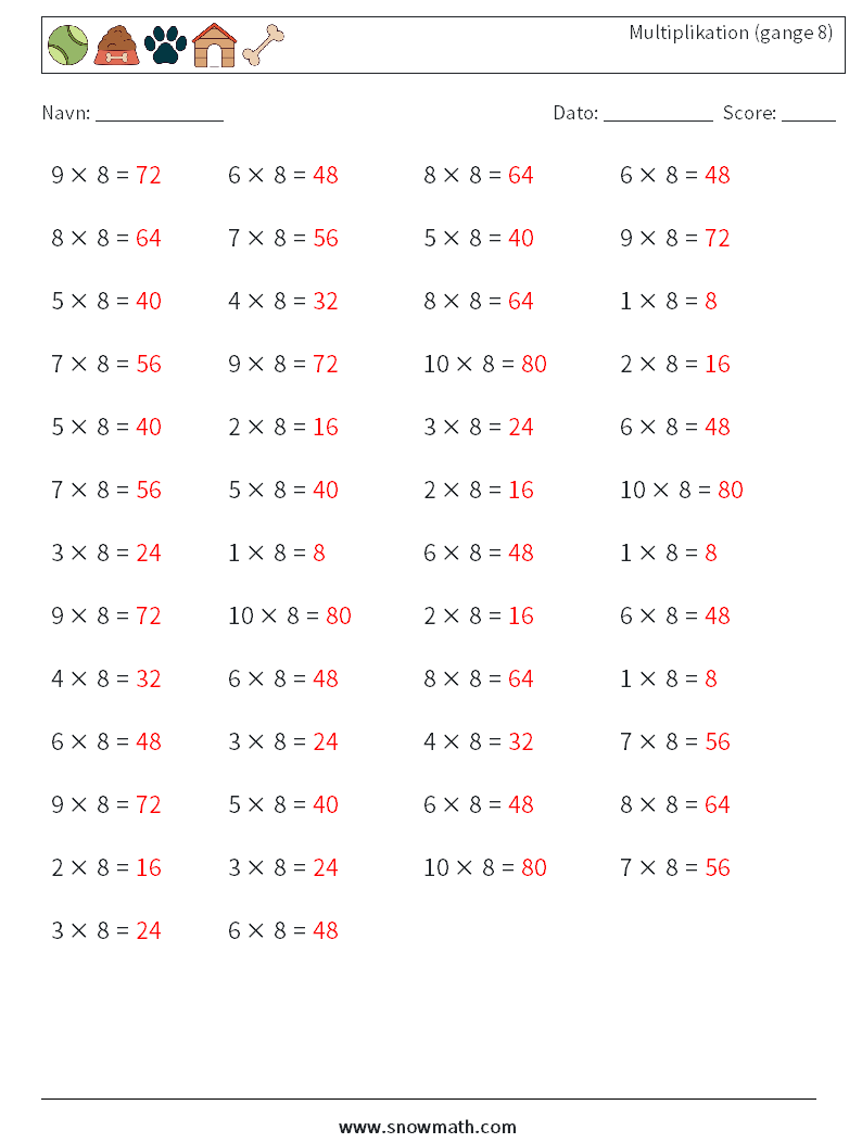 (50) Multiplikation (gange 8) Matematiske regneark 9 Spørgsmål, svar