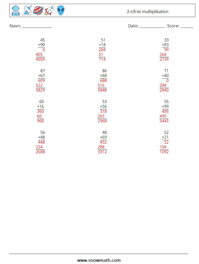 (12) 2-cifret multiplikation Matematiske regneark 1 Spørgsmål, svar