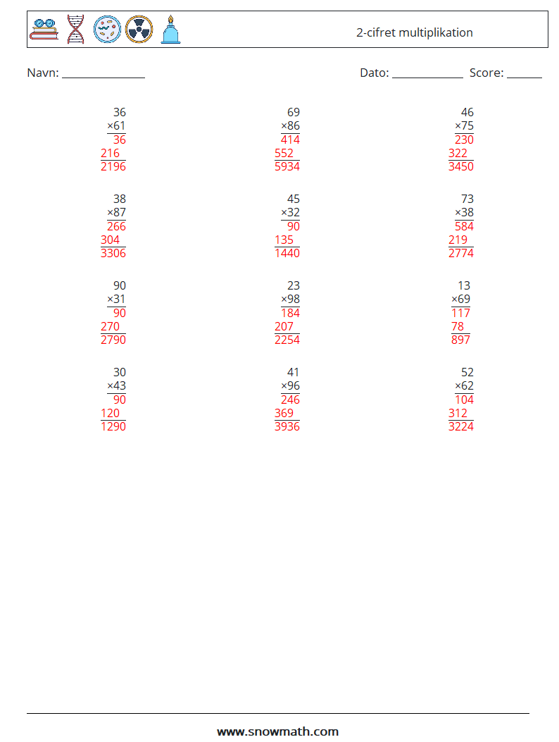 (12) 2-cifret multiplikation Matematiske regneark 2 Spørgsmål, svar
