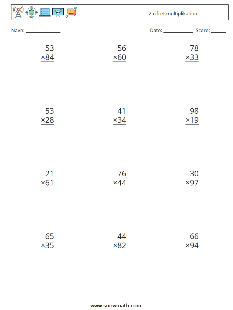 (12) 2-cifret multiplikation Matematiske regneark 3