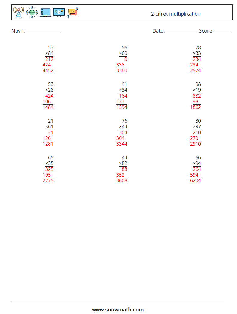 (12) 2-cifret multiplikation Matematiske regneark 3 Spørgsmål, svar