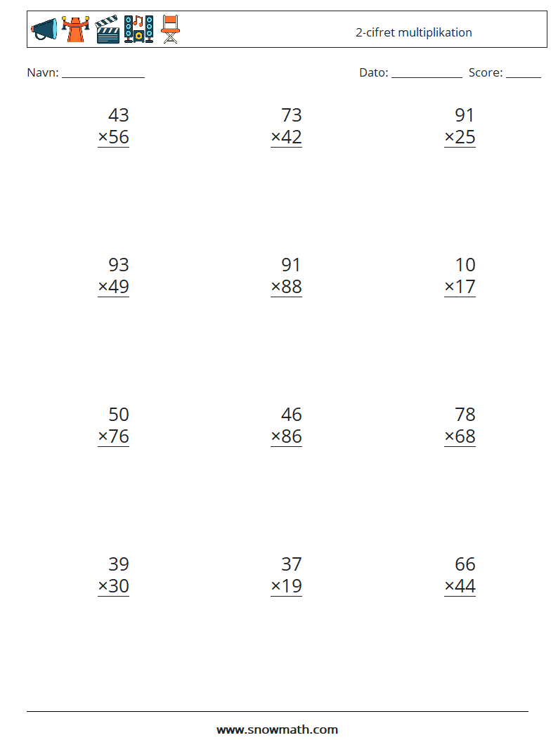 (12) 2-cifret multiplikation Matematiske regneark 4