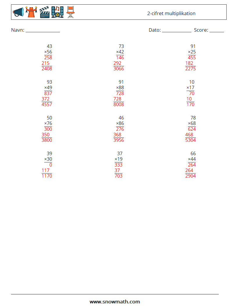 (12) 2-cifret multiplikation Matematiske regneark 4 Spørgsmål, svar