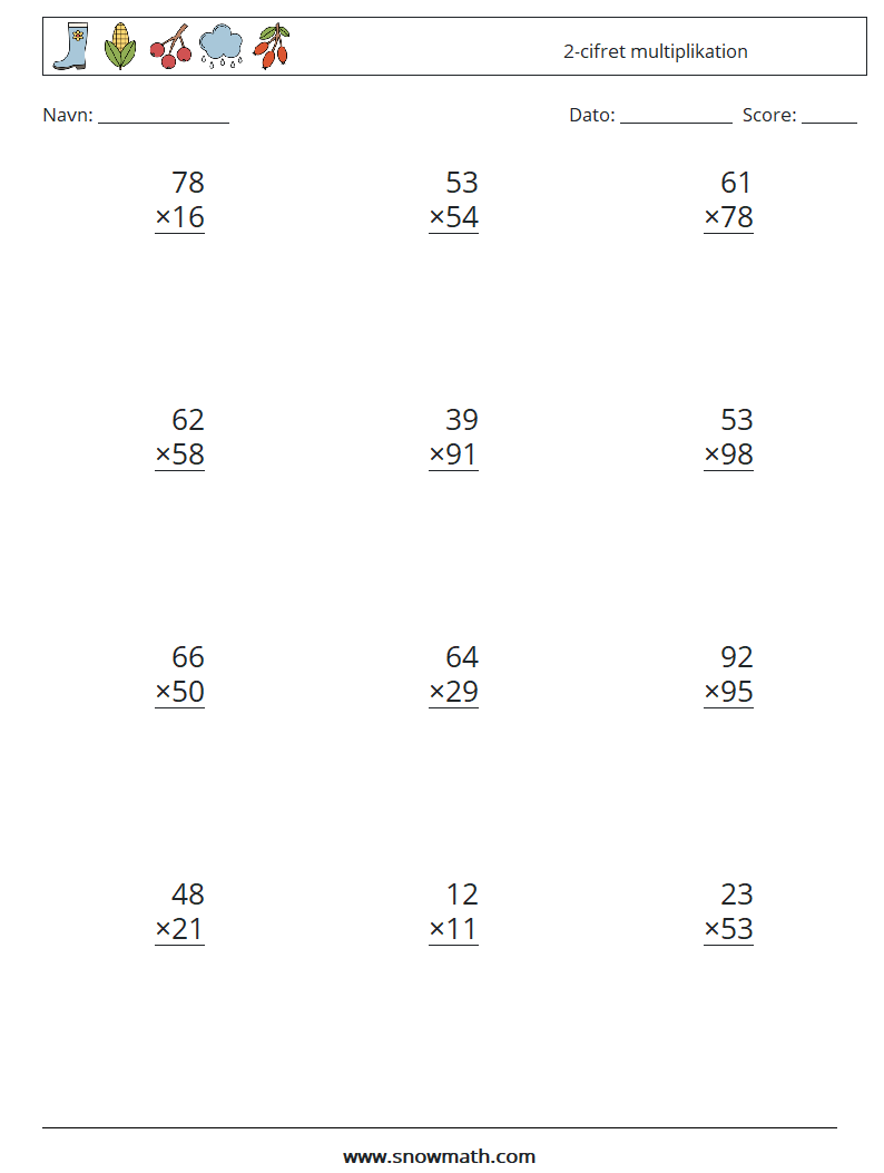 (12) 2-cifret multiplikation Matematiske regneark 5