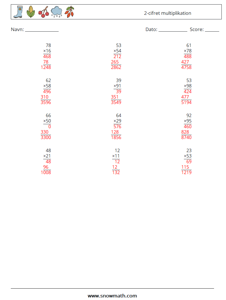 (12) 2-cifret multiplikation Matematiske regneark 5 Spørgsmål, svar
