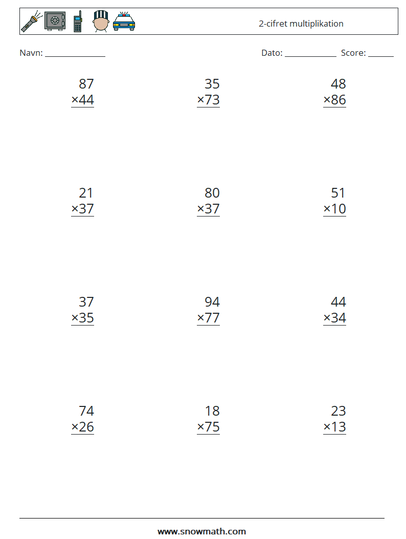 (12) 2-cifret multiplikation Matematiske regneark 6