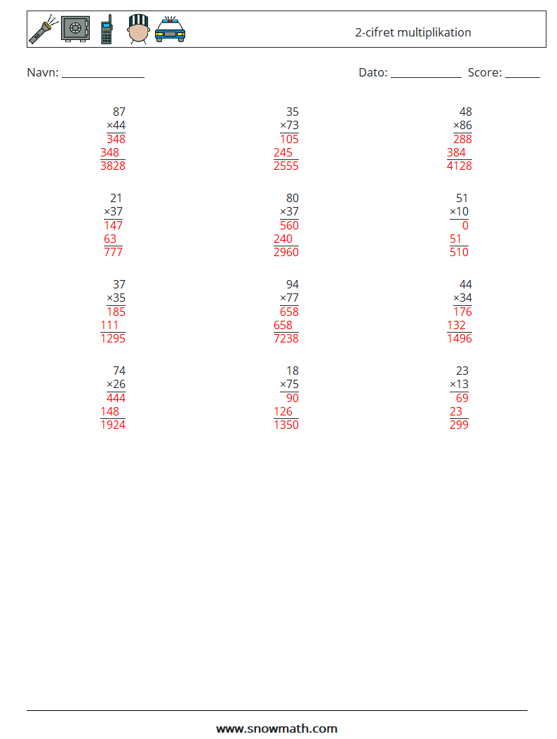 (12) 2-cifret multiplikation Matematiske regneark 6 Spørgsmål, svar