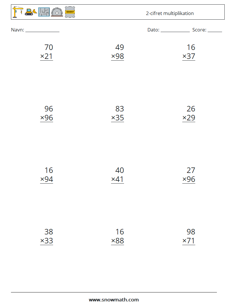 (12) 2-cifret multiplikation Matematiske regneark 7