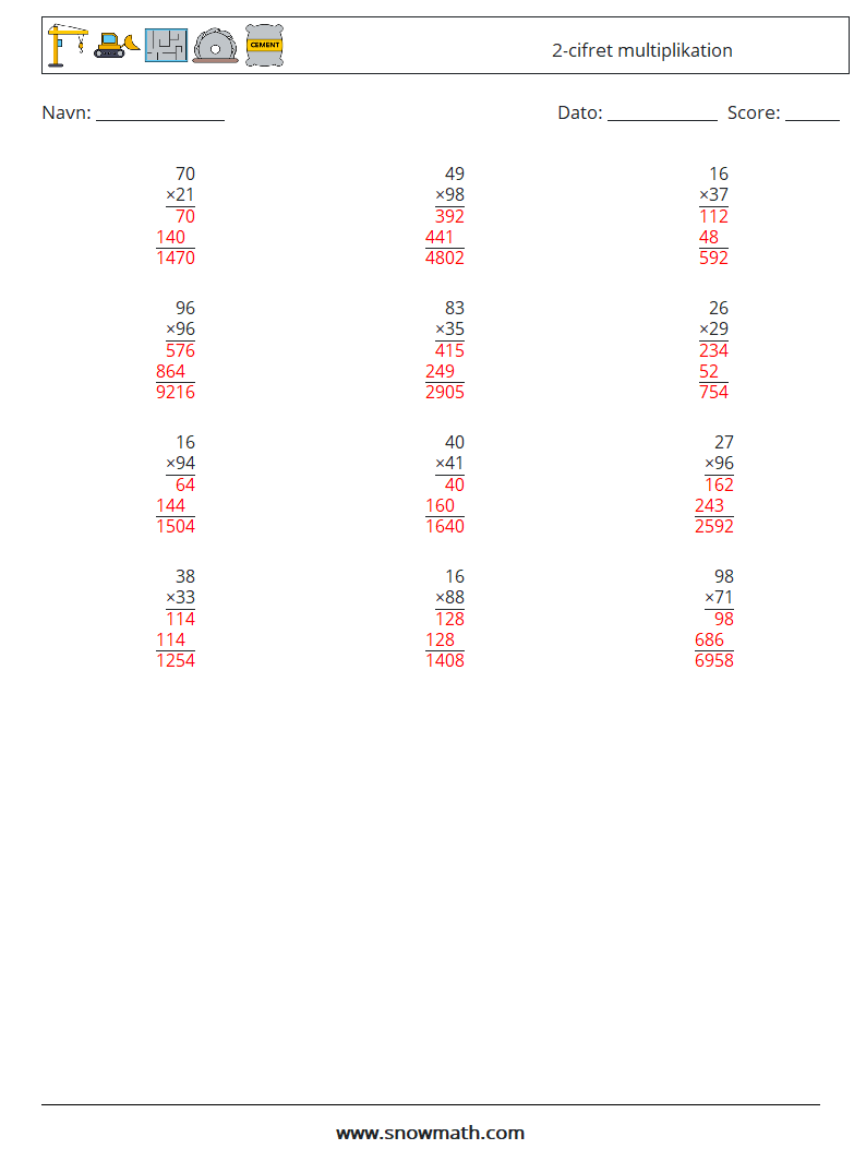 (12) 2-cifret multiplikation Matematiske regneark 7 Spørgsmål, svar