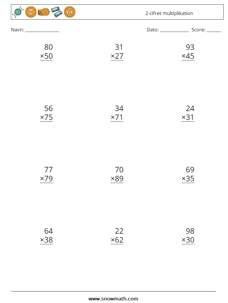 (12) 2-cifret multiplikation Matematiske regneark 8