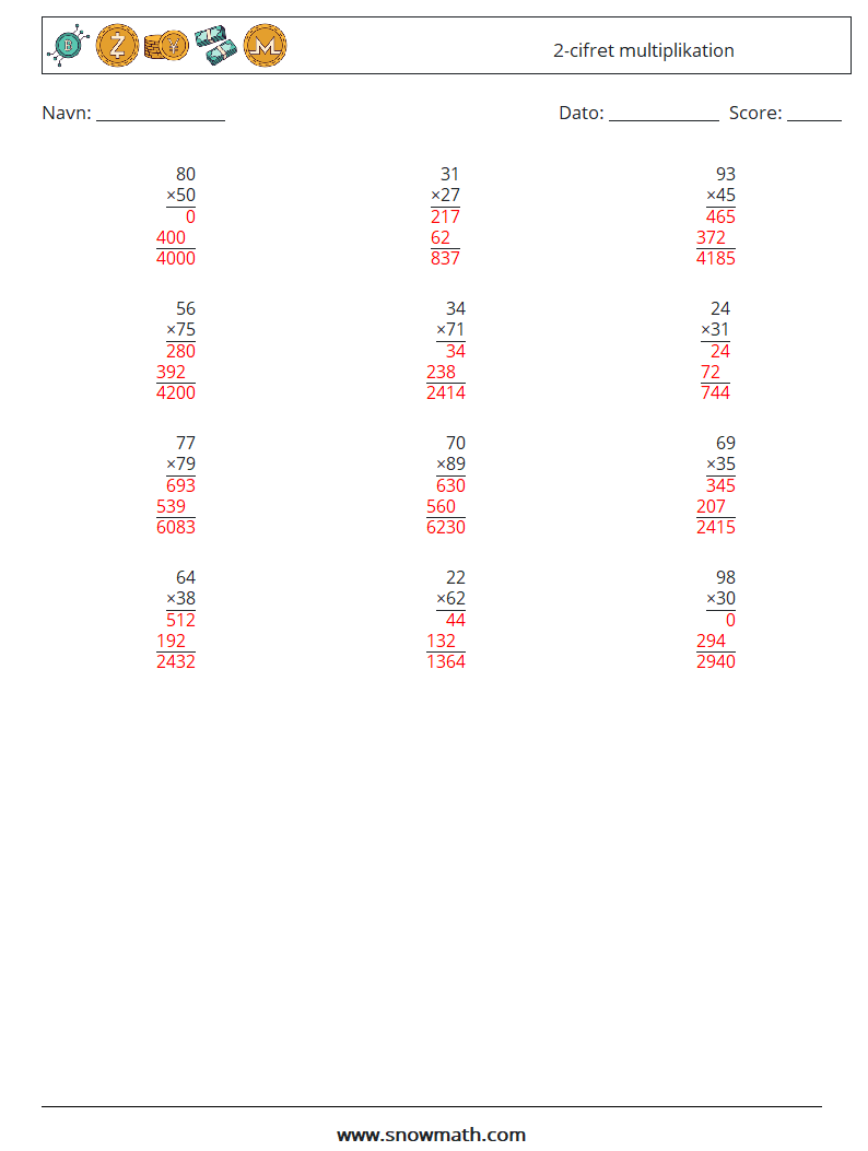 (12) 2-cifret multiplikation Matematiske regneark 8 Spørgsmål, svar