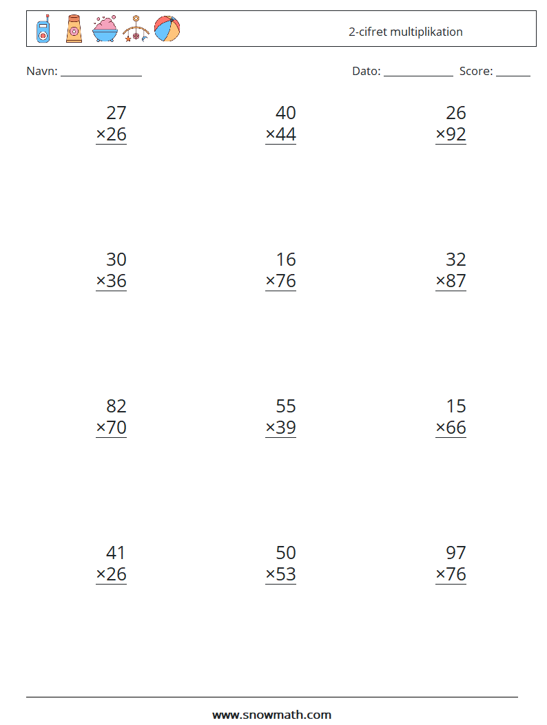(12) 2-cifret multiplikation Matematiske regneark 9