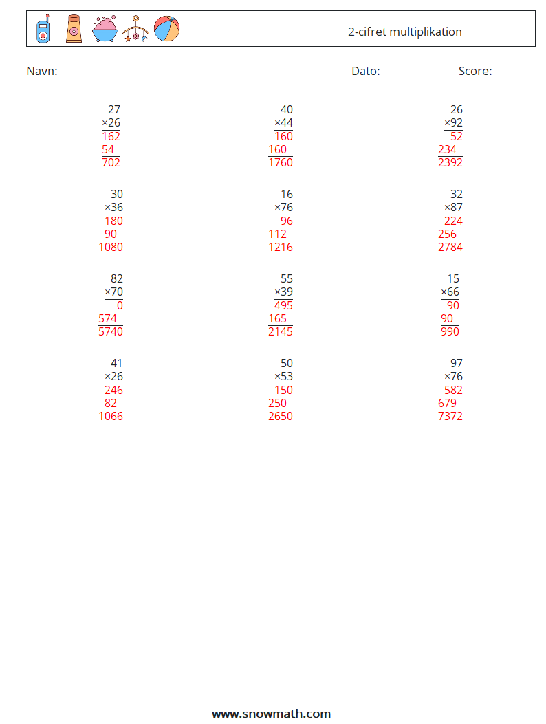 (12) 2-cifret multiplikation Matematiske regneark 9 Spørgsmål, svar