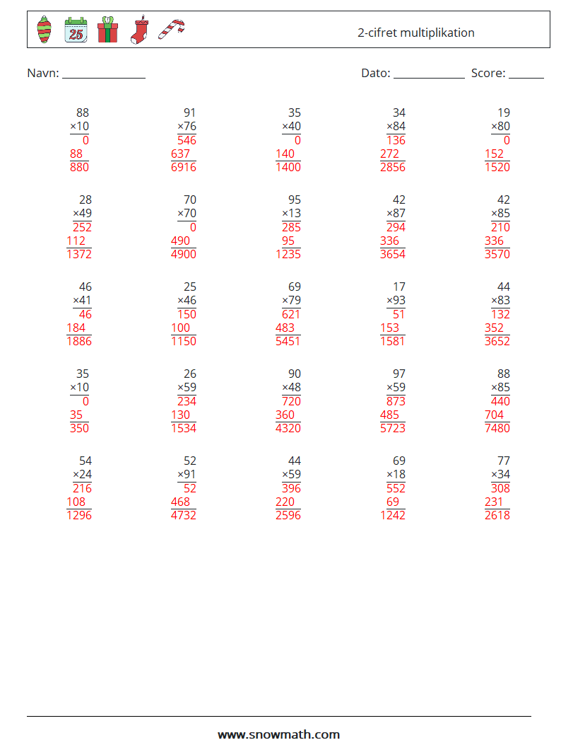 (25) 2-cifret multiplikation Matematiske regneark 10 Spørgsmål, svar