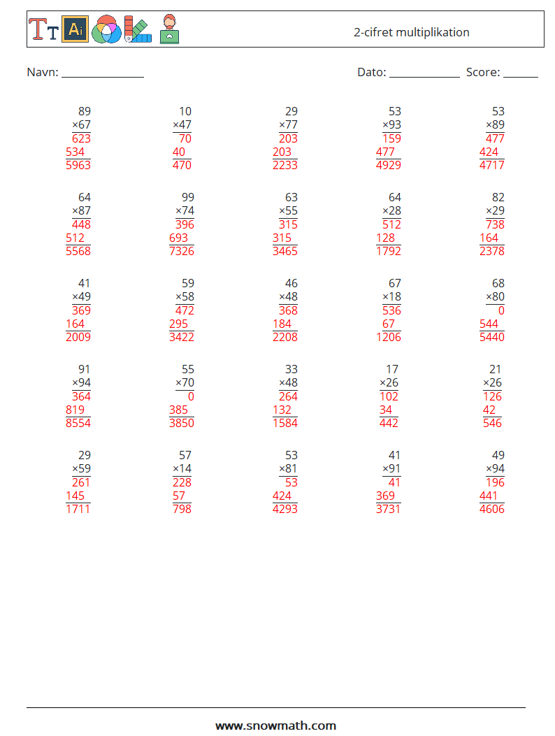 (25) 2-cifret multiplikation Matematiske regneark 12 Spørgsmål, svar