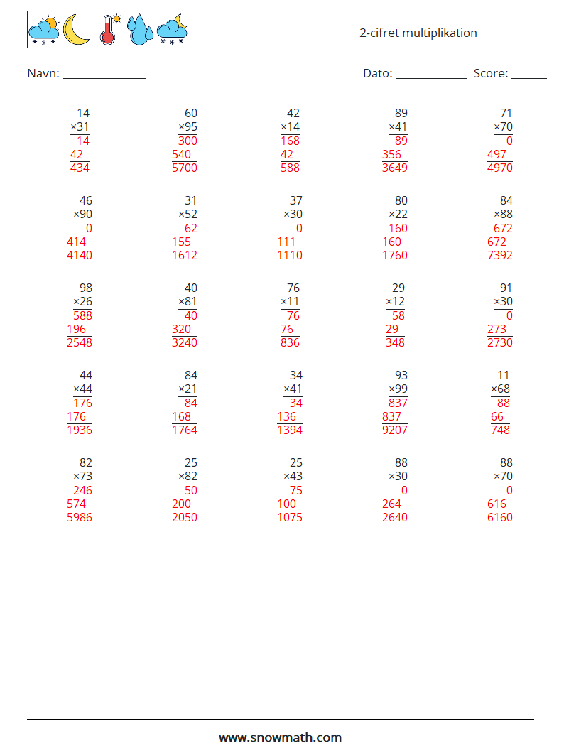 (25) 2-cifret multiplikation Matematiske regneark 13 Spørgsmål, svar