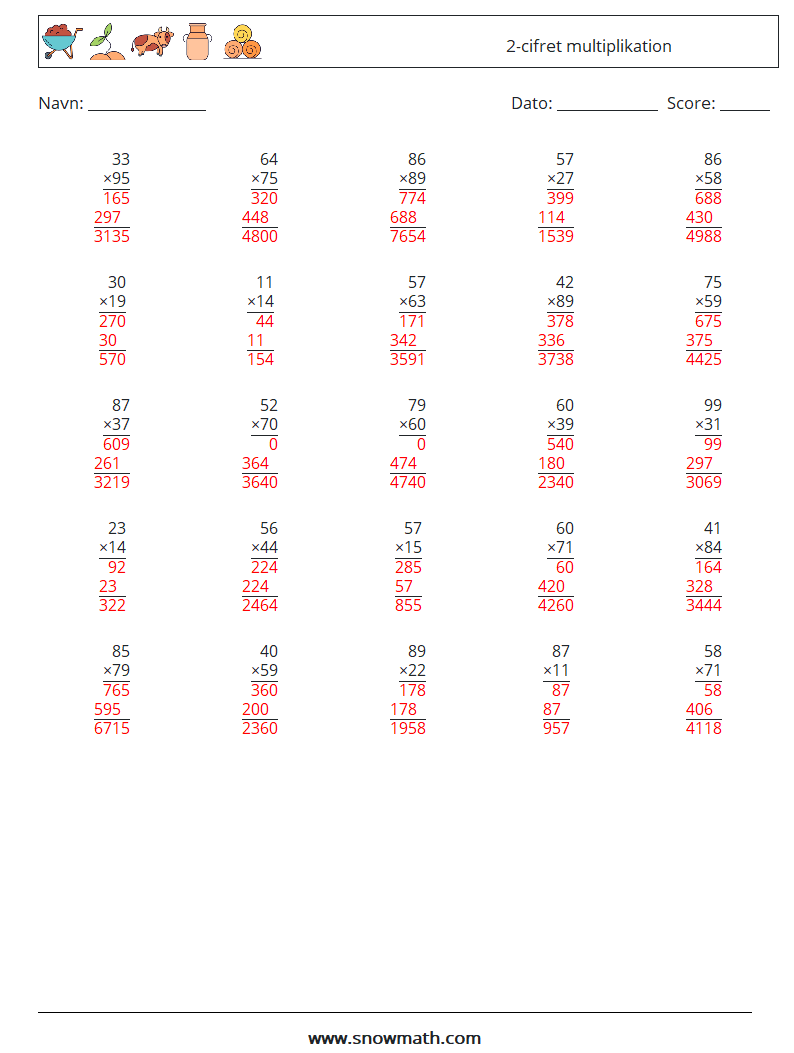 (25) 2-cifret multiplikation Matematiske regneark 14 Spørgsmål, svar