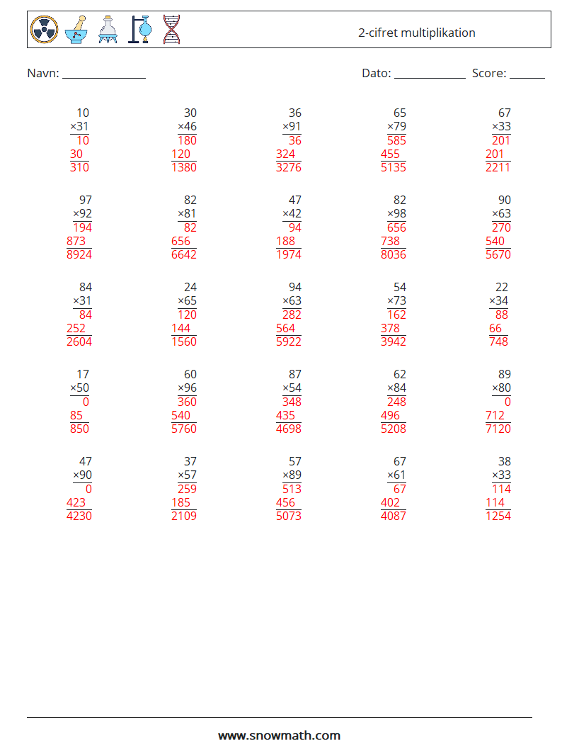 (25) 2-cifret multiplikation Matematiske regneark 15 Spørgsmål, svar