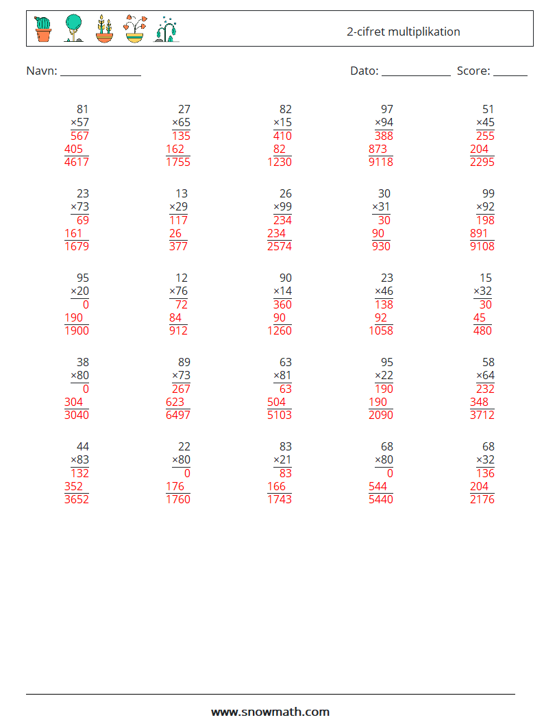 (25) 2-cifret multiplikation Matematiske regneark 16 Spørgsmål, svar