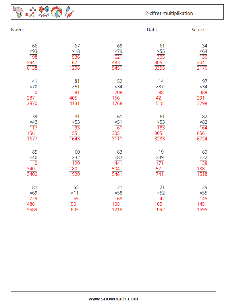 (25) 2-cifret multiplikation Matematiske regneark 17 Spørgsmål, svar