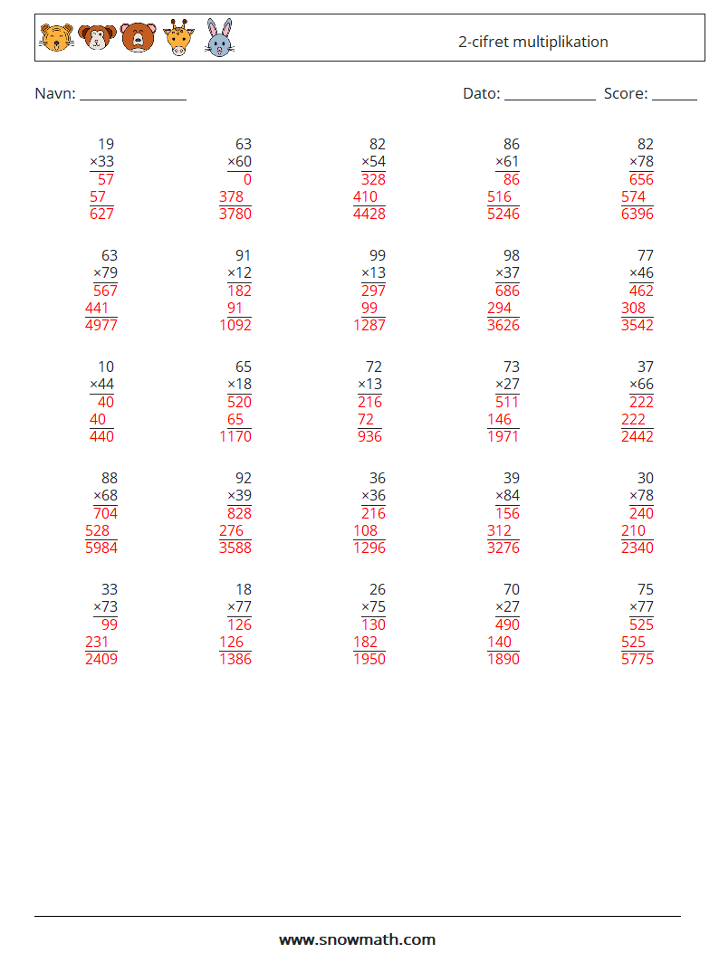 (25) 2-cifret multiplikation Matematiske regneark 1 Spørgsmål, svar