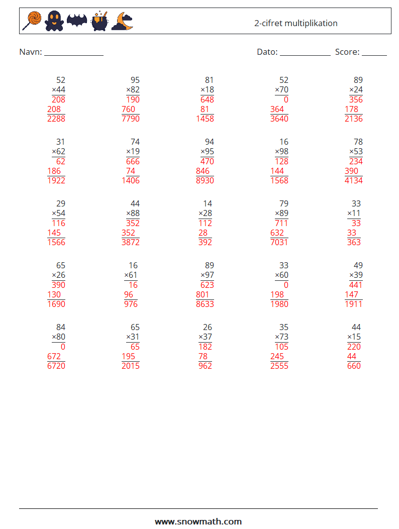 (25) 2-cifret multiplikation Matematiske regneark 2 Spørgsmål, svar