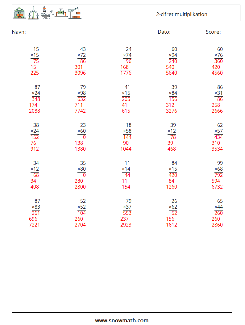 (25) 2-cifret multiplikation Matematiske regneark 3 Spørgsmål, svar