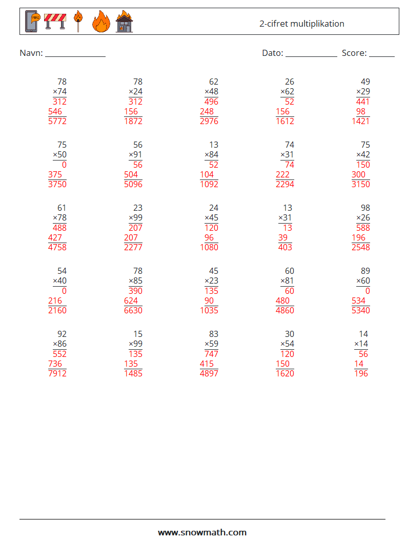 (25) 2-cifret multiplikation Matematiske regneark 5 Spørgsmål, svar