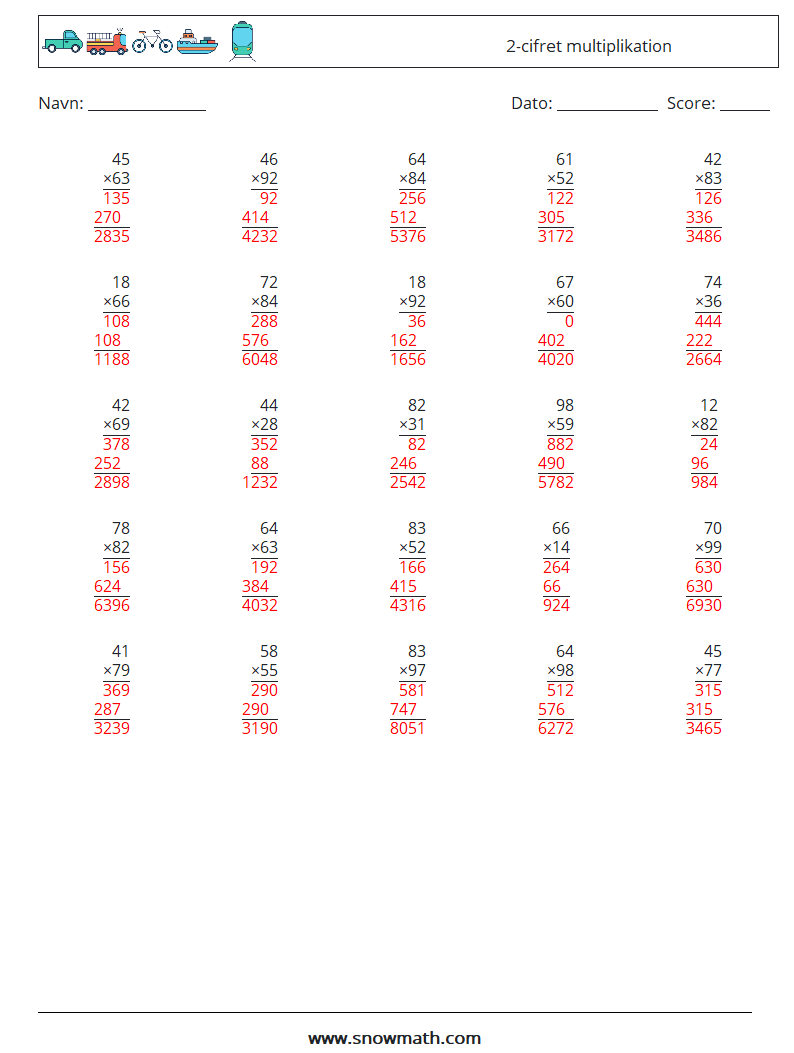 (25) 2-cifret multiplikation Matematiske regneark 6 Spørgsmål, svar