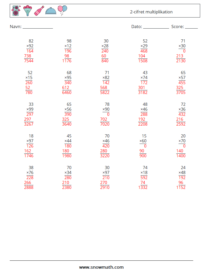 (25) 2-cifret multiplikation Matematiske regneark 7 Spørgsmål, svar