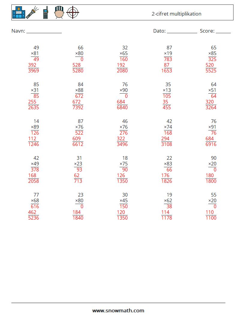 (25) 2-cifret multiplikation Matematiske regneark 8 Spørgsmål, svar