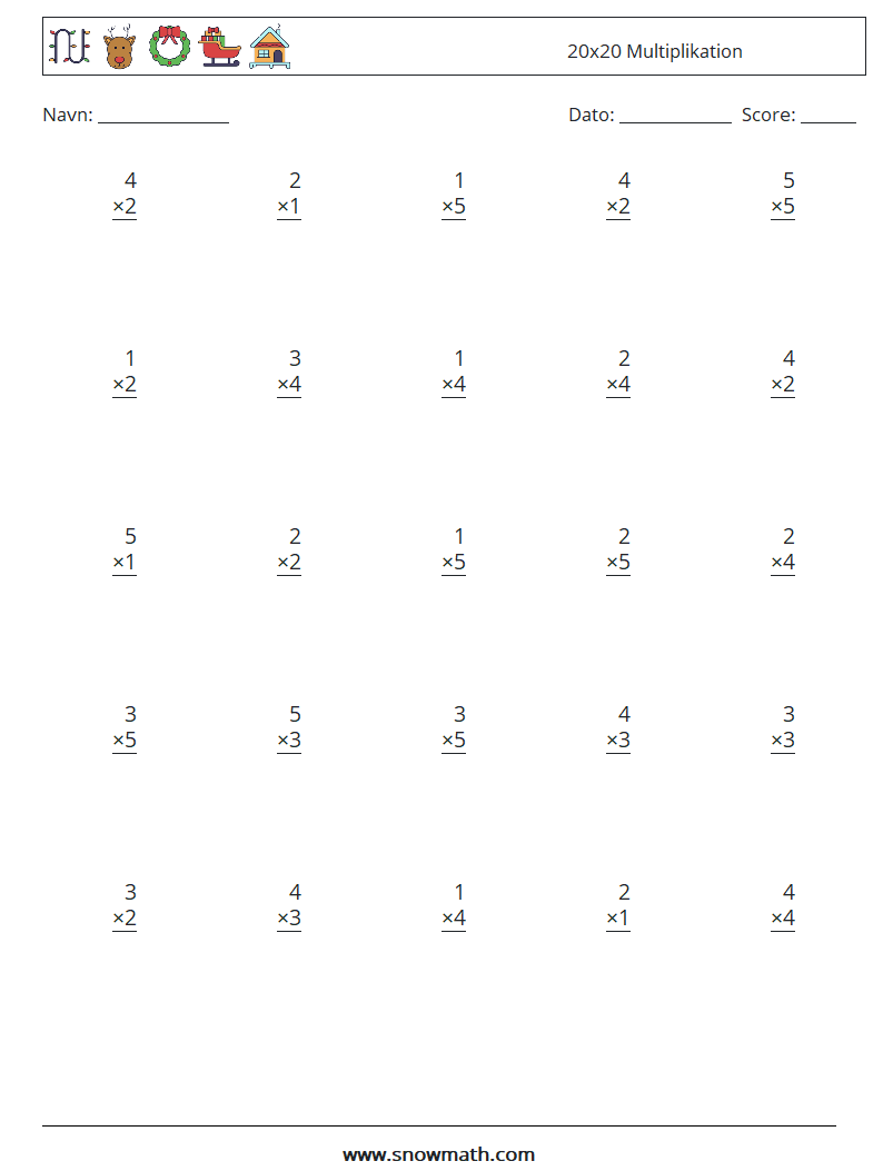 (25) 20x20 Multiplikation Matematiske regneark 1