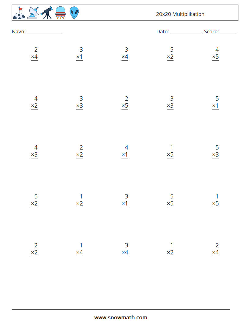 (25) 20x20 Multiplikation Matematiske regneark 12