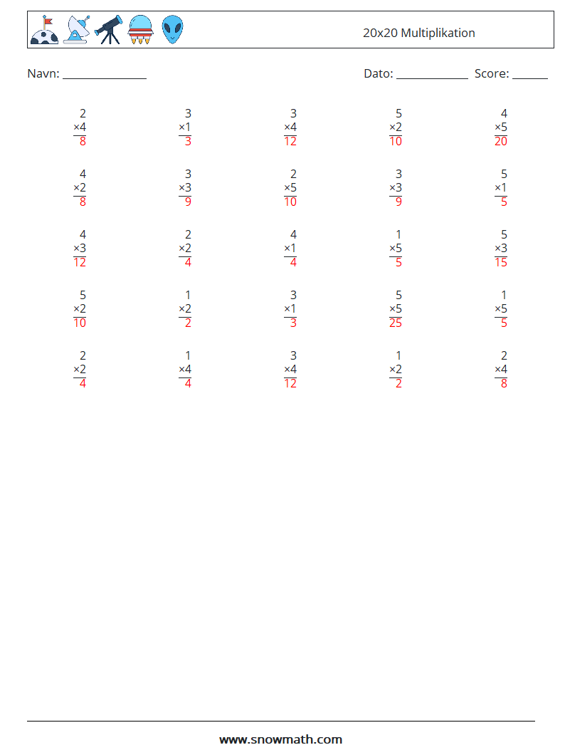 (25) 20x20 Multiplikation Matematiske regneark 12 Spørgsmål, svar