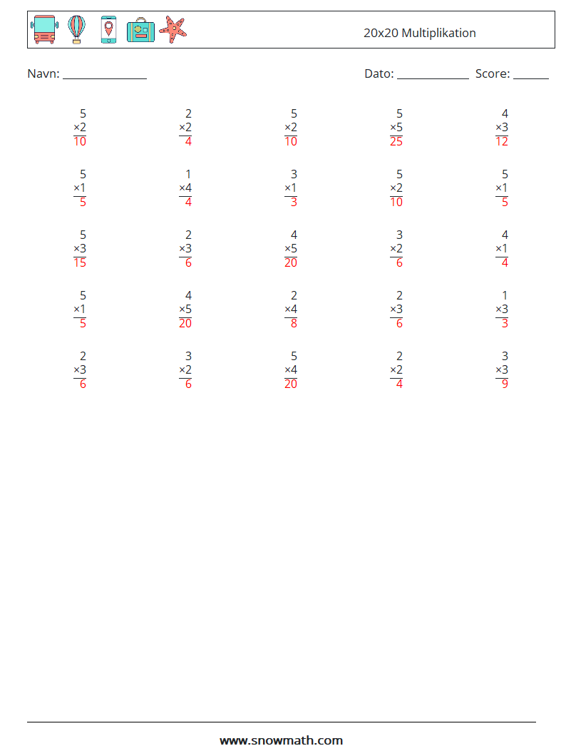 (25) 20x20 Multiplikation Matematiske regneark 13 Spørgsmål, svar